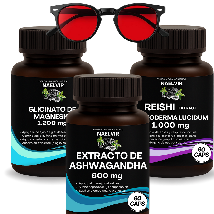 PROTOCOLO Night Stack” (Pack: Reishi + Ashwagandha 10:1 + Magnesio Glicinato + Gafas Rojas)